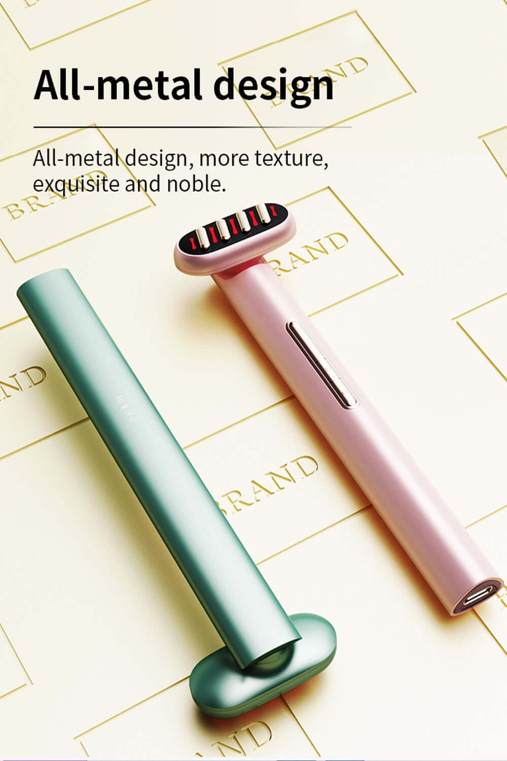 Elegant all-metal beauty tools in pink and green showcasing exquisite and noble design on a branded background.