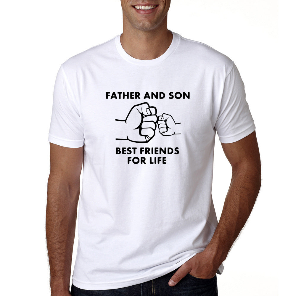 Man wearing white cotton t-shirt with "Father And Son Best Friends For Life" text and fist bump graphic.