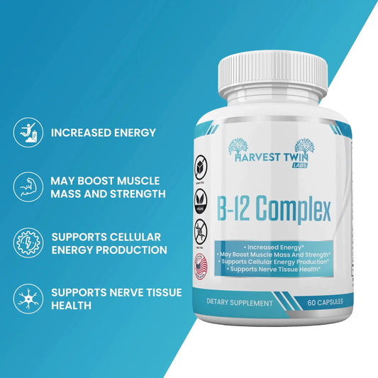 Harvest Twin Lab B-12 Complex Vitamin Supplement for energy, muscle strength, and cellular health in a 60-capsule bottle.