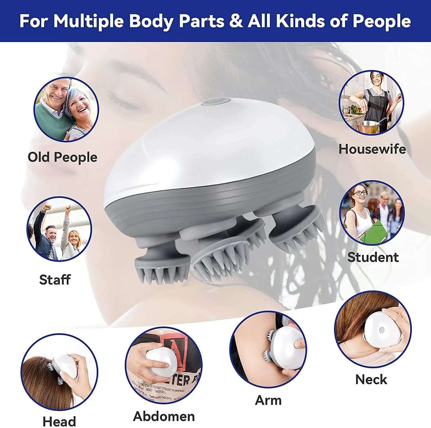 Scalp massager for various body parts and people, including neck, arm, and abdomen, suitable for all ages and occupations.