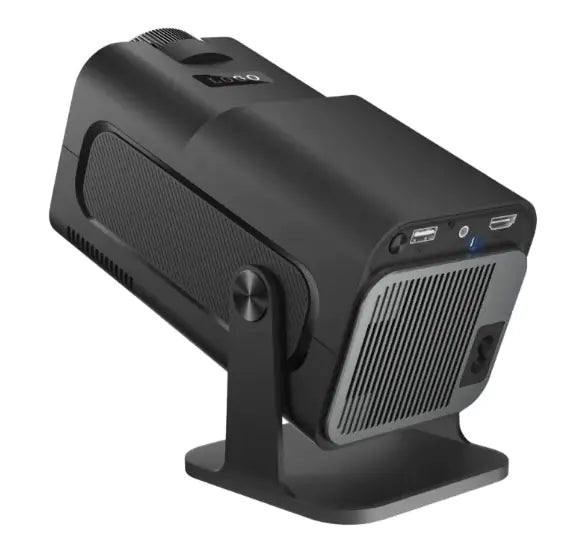 Portable small straight household projector with sleek black design and versatile connectivity for home entertainment.