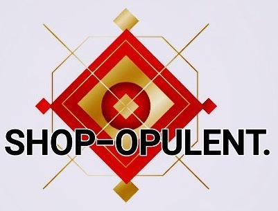 Elegant red and gold geometric logo with the text "Shop-Opulent."