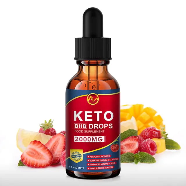 Keto BHB Drops 2000MG bottle surrounded by fresh fruit for weight loss and metabolism boost.