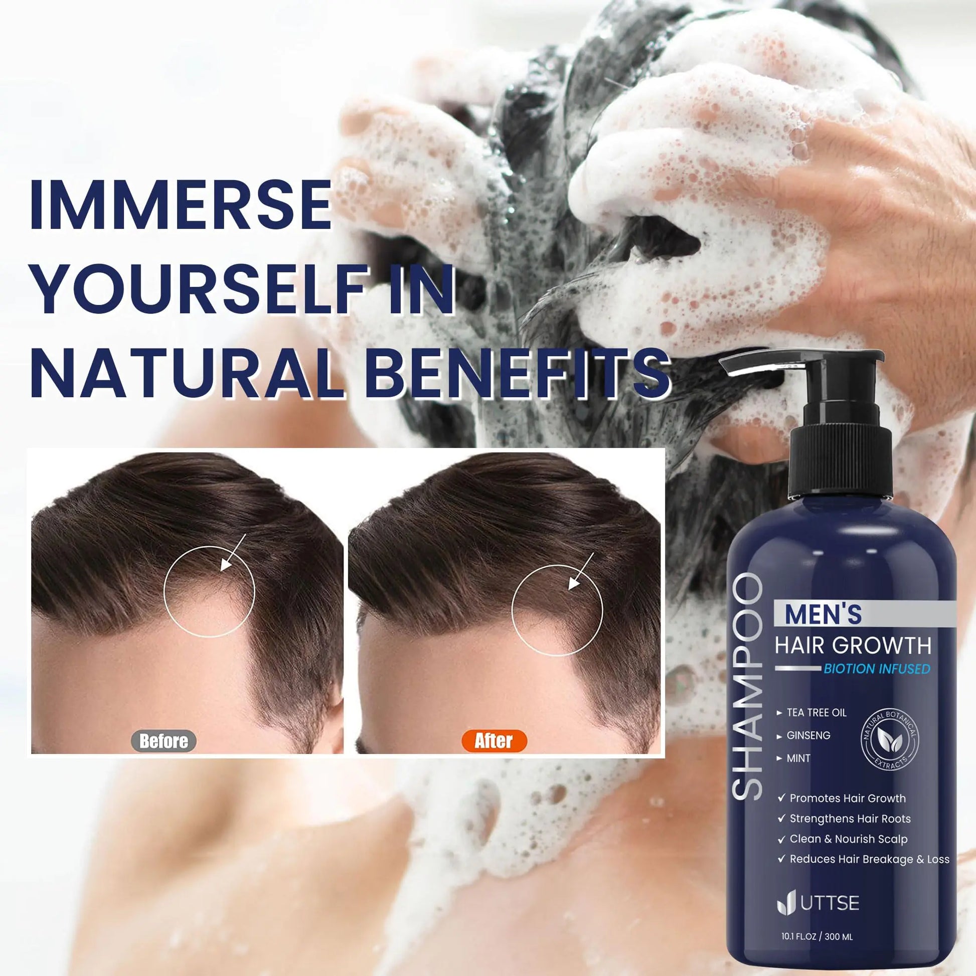 Man using Biotin Hair Growth Shampoo for natural hair thickening and scalp health with tea tree oil, ginseng, and mint.