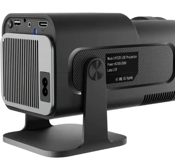 Portable small household projector with sleek design and connectivity ports for versatile home entertainment experiences.